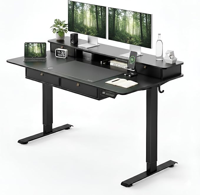 CubiCubi 48" x 24" Standing Electric Desk with Drawers, Black | Height Adjustable Workstation, Computer Sit Stand Up Office Table with Large Storage Shelf, 4 Drawers and 2 Hooks by CubiCubi