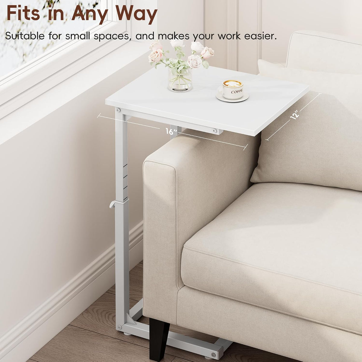 C Shaped End Table, 33"C Table End Table Adjustable Height, Small Side Table for Couch, Tv Tray Table for Small Spaces, Couch Table That Slide Under, Sofa Table for Living Room,Bedroom, White - Image 6