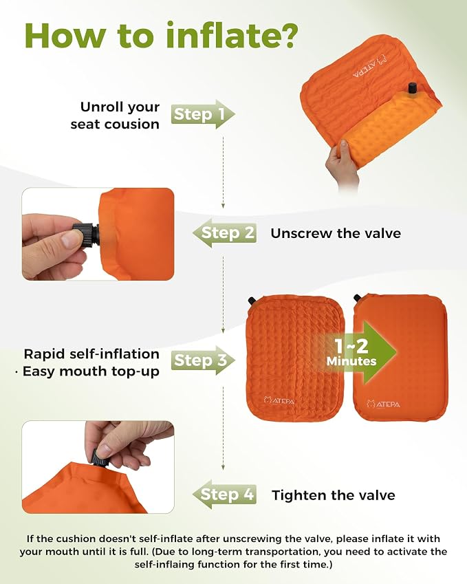ATEPA Inflatable Seat Cushion | 2" & 2.5" Foam Core Seat Pad, Self Inflating, Compact, Stadium, Airplane, Travel, Camping, Hiking, Sports events - Image 7