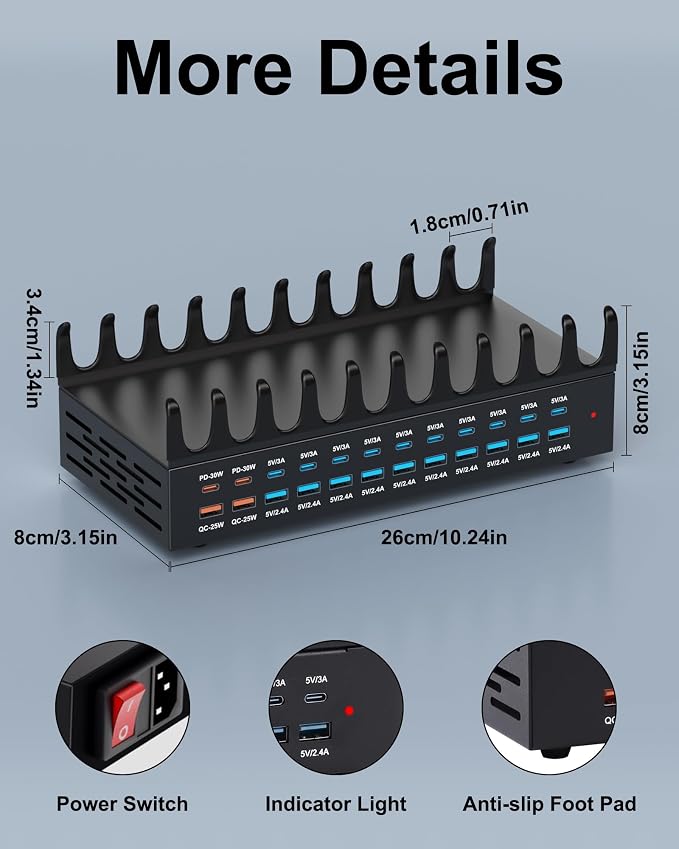 24 Ports 420W Charging Station for Multiple Devices, Iron Alloy USB Charger | with 30W Power Delivery, Multi Fast Charger Dock for Phone Tablet, Home, Office, School - Image 7