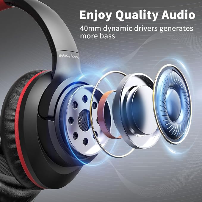 Botesty Sound Headphones Wired with Microphone, Over Ear Foldable 3.5mm Plug in Headphones Corded with 4.9ft Tangle-Free Nylon Cord for Tablet, Laptop, MP3/4, School, Airplane Travel (Black Red) - Image 7