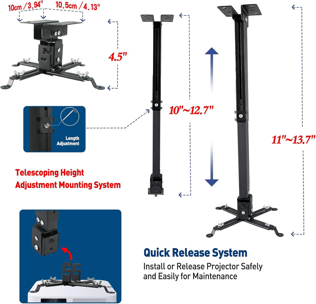 Projector Ceiling Wall Mount Adjustable Height from 11 to 13.7 Inches Bracket with Extendable Arms Low Profile Holder Hanger for Home Office Compatible with Epson Optoma Benq (Black) - Image 5