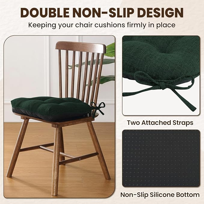 downluxe Indoor Chair Cushions for Dining Chairs, Tufted Overstuffed Textured Kitchen Chair Pads with Ties and Non-Slip Backing, 15.5" x 15.5" x 4", Dark Green, 6 Pack - Image 4