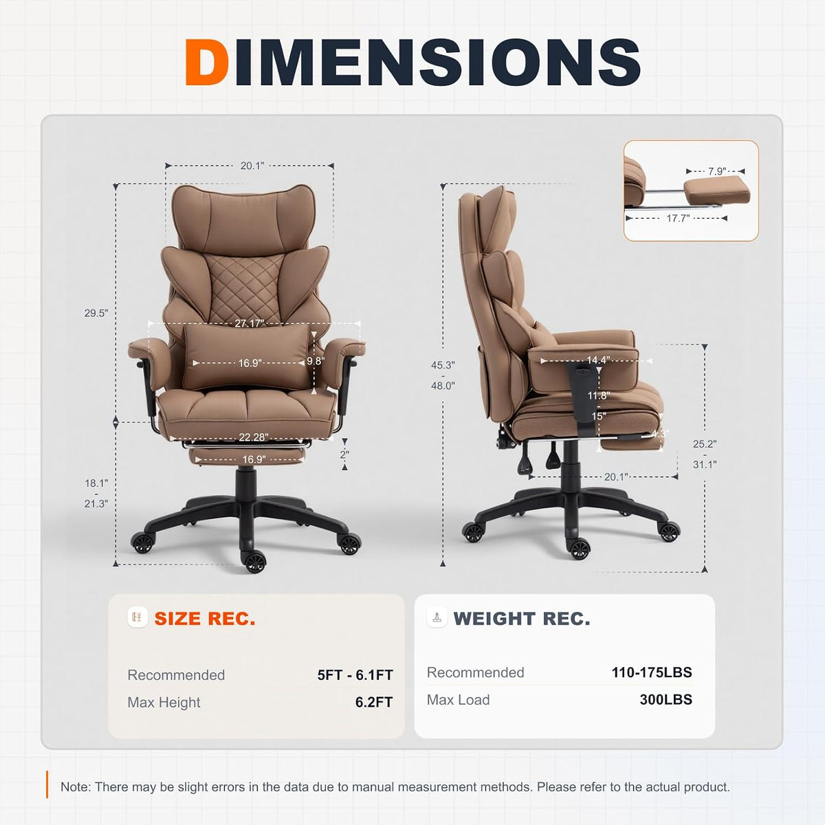Dowinx Big and Tall Office Chair with Pocket Spring Cushion,High Back Computer Gaming Chairs with Adjustable Armrests,Executive Desk Chairs with Lumbar Support and Footrest,PU-Brown - Image 3