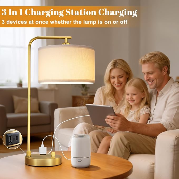 Gold Bedside Lamps Set of 2, Fully Dimmable Lamps for Night Stands, USB A+C | Modern, Linen Lampshade, USB Port and Outlet, Tall Desk Lamps for Bedroom, Nightstand, Living Room, Home Office, End Table - Image 3