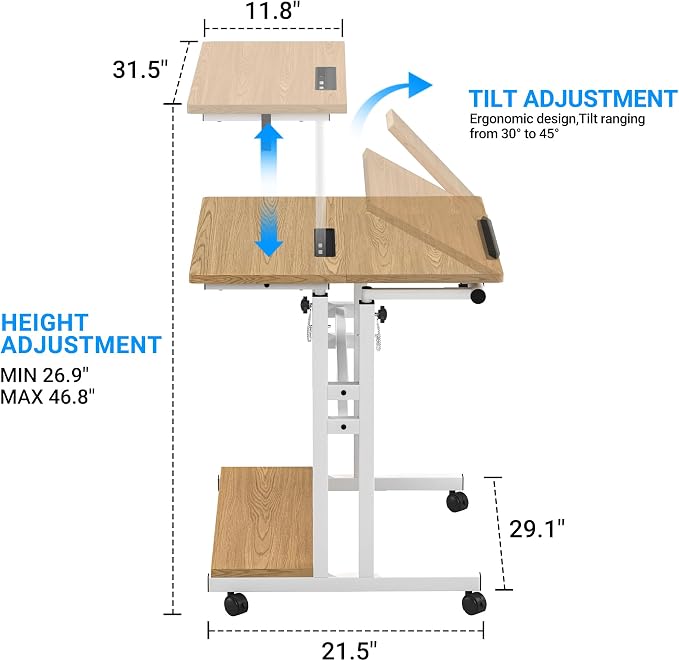 Mobile Standing Desk, Adjustable Rolling Computer Desk with 3 Desktops, Portable Laptop Table with Cup Holder, Home Office Laptop Workstation on Lockable Wheels,Khaki | Triple desktops, cup holder, lockable wheels, portable workstation, for home office - Image 3