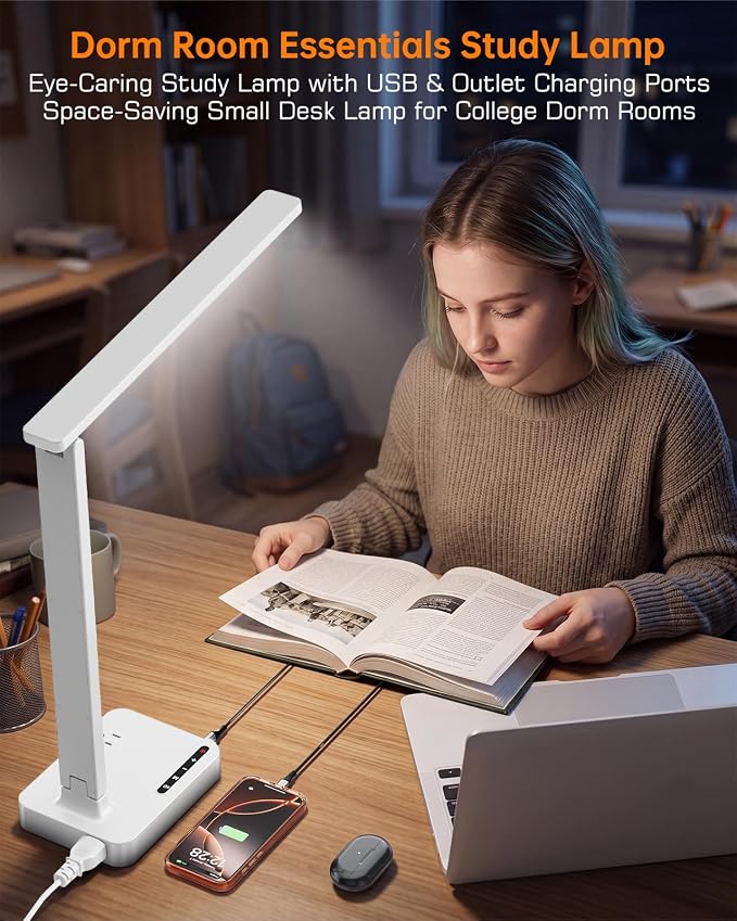 LED Desk Lamp for Dorm Office, USB-C & 2 AC Outlets Charging, White | LED Desk Lamps for Home Office with 2 USB Charging Ports(1 USB-C), 2 AC Outlets, Foldable Small Desk Lamp for Study Reading - Image 6