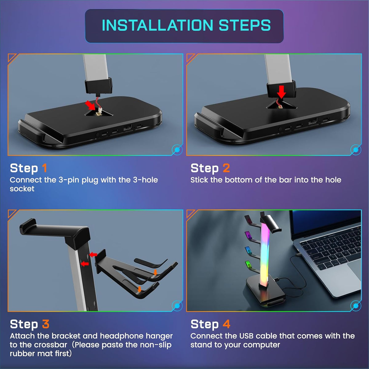 Gaming Headphones Stand with Charging Station, RGB Headset Stand with 10 Light Modes, 4 Controller Holder with 1 USB & 2 Type-C Charging Ports - Earphone Hook for PC Desktop Gamer Accessories Storage - Image 4