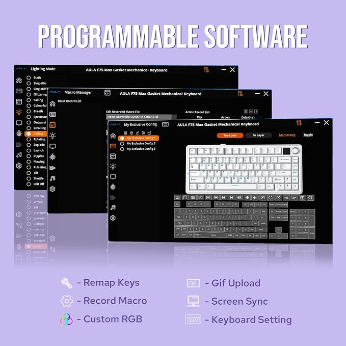EPOMAKER X Aula F75 MAX Wireless Mechanical Keyboard with TFT Screen and Knob, Gasket Gaming Keyboard in 75% Layout, Hot Swappable, RGB Backlight, for PC/Mac/Linux (Blue&White&Purple) - Image 7