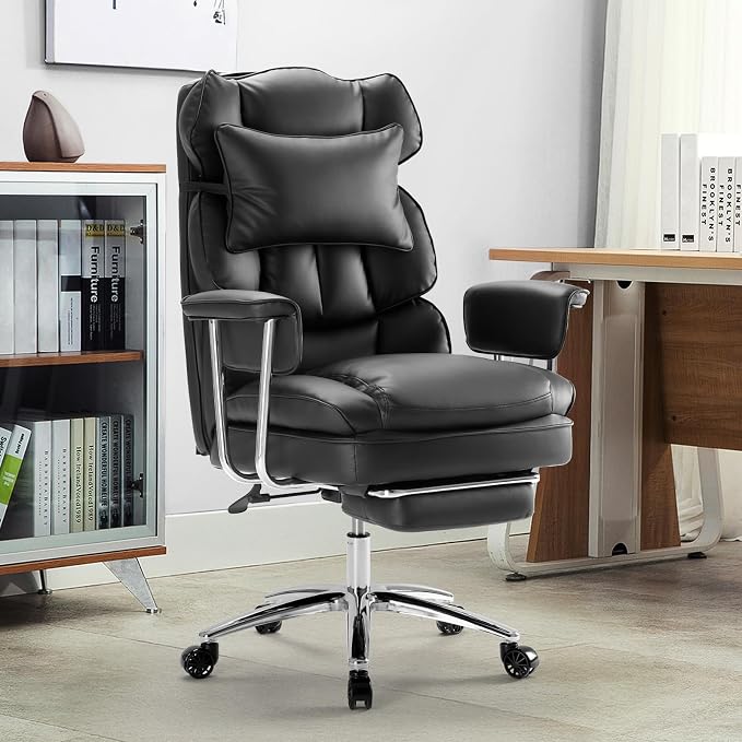 DUMOS Ergonomic Home Office Desk Chair, Executive Chair, PU Leather | Big Tall High Back, Lumbar Support, Reclining Height Adjustable, Computer Gaming, Footrest Swivel Wheels, Black - Image 10