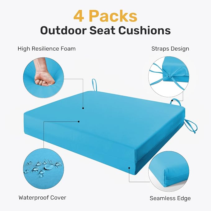 Outdoor Chair Cushions, Set of 4, 24"*24"*4", Water Resistant, Turquoise | High-Density Foam Patio Cushions with Ties, UV & Fade Resistant, Square Corner Seat Cushions for Outdoor Furniture - Image 2