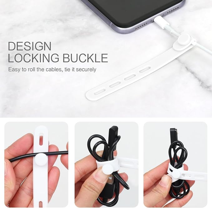 Donruby 24Pcs Silicone Cable Ties, Reusable Cord Organizer Straps, White | Adjustable, Multipurpose, 5.12" High-Elasticity Cord Wraps for Bundling Electronics, Home Office Travel Essentials - Image 5
