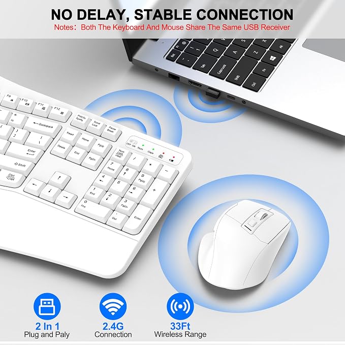 Wireless Keyboard and Mouse Combo, 2.4G Ergonomic Wave Keys(White) | Full Size Wave Keyboard with Wrist Rest, 3-Level DPI Adjustable Ergonomic Mouse for Windows and Mac OS Desktop/Laptop/PC - Image 5