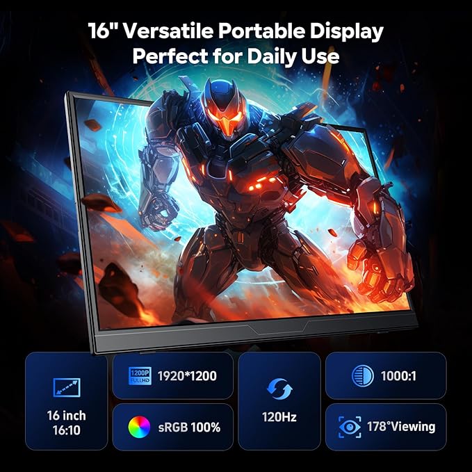 Dopesplay 120Hz Portable Gaming Monitor 16" 1200P FHD 100% sRGB Portable Display with Adjustable Stand, USB-C & HDMI External Monitor & Travel Screen for Laptop Mac PC Phone Xbox PS5 Switch - Image 5