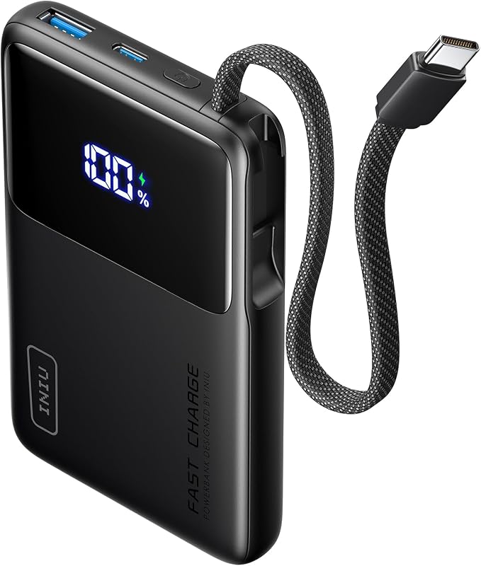 INIU Portable Charger, Smaller 45W Fast Charging Power Bank, 10000mAh Black | Flight-Safe for Travel, Built in USB C Cable, LED Display, Battery Pack for iPhone 17 16 Pro, Samsung S26, iPad etc by INIU