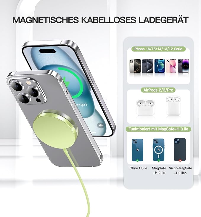 Magnetic Wireless Charger, 2-Pack 15W Fast Mag-Safe Stand for iPhone 17-12 | Fast Magnetic Wireless Charging Pads for iPhone 17/17 Air/17 Pro/17 Pro Max, 16/15/14/13/12 Series and AirPods(green） - Image 5