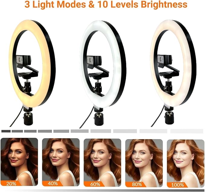 Webcam Light, Ring Light for Logitech Webcam C920,C922x,C930e,Brio 4K,C925e,MX Brio 4K,StreamCam,Brio 500,C615 1/4'' Screw Hole- 10'' Light (Without Tripod and Stand) - Image 3