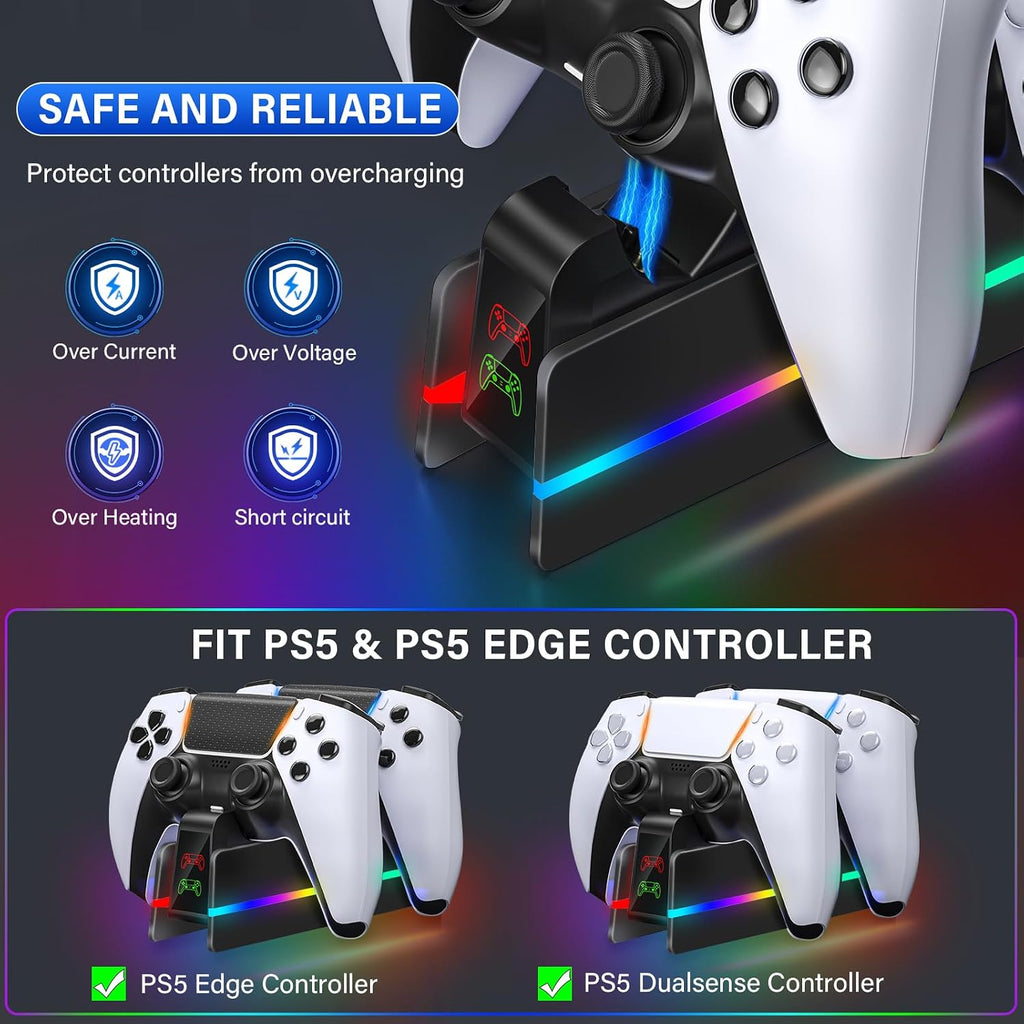 PS5-Controller-Charger-Station - Charging Station for PlayStation 5 Dualsense/Edge Controller with 9 Color Led Light, Fast Charging Dock & Holder Stand for PS5/Slim/Pro Remote - Whole Black - Image 5