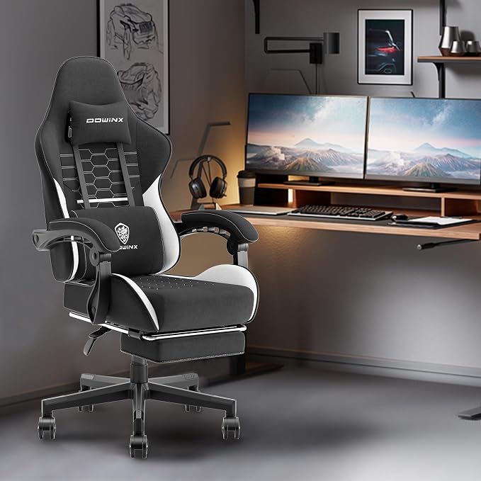 Dowinx Gaming Chair Fabric with Pocket Spring Cushion, Massage Game Chair Cloth with Headrest, Ergonomic Computer Chair with Footrest 290LBS, Black White - Image 2