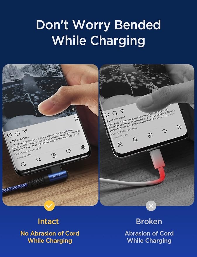 AINOPE USB C Cable 60W 2-Pack 10ft Nylon Braided USB C to USB C Cable Type C Charger Fast Charging Right Angle USBC Cable Charger Cord for iPhone 16 Pro Max 15 Plus Samsung S24 S23 iPad Pro Blue - Image 5