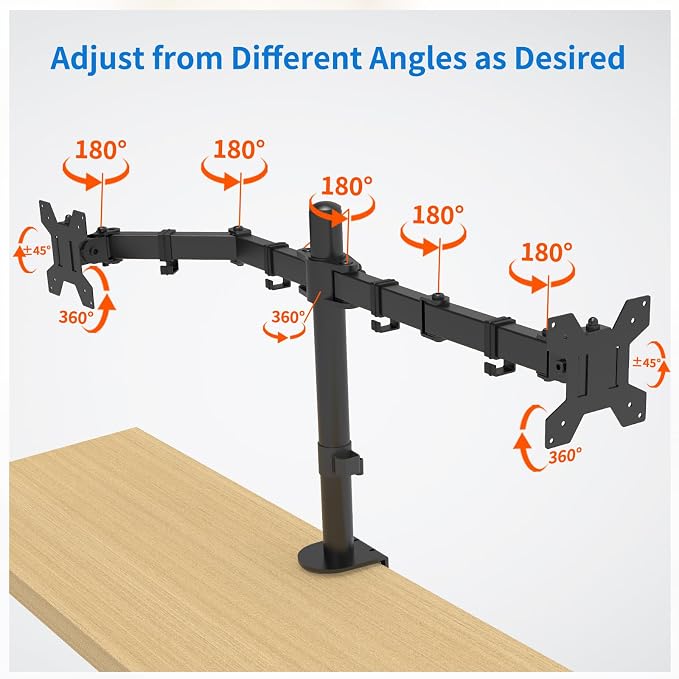 Dual Monitor Mount for 17-27 Inch Monitors up to 17.6 lbs, Desk Clamp | ±45° Tilt | ±90° Swive l 360° Rotation | Height Adjustable | C-Clamp Mount | Cable Management | VESA 75×75/100×100 mm - Image 9