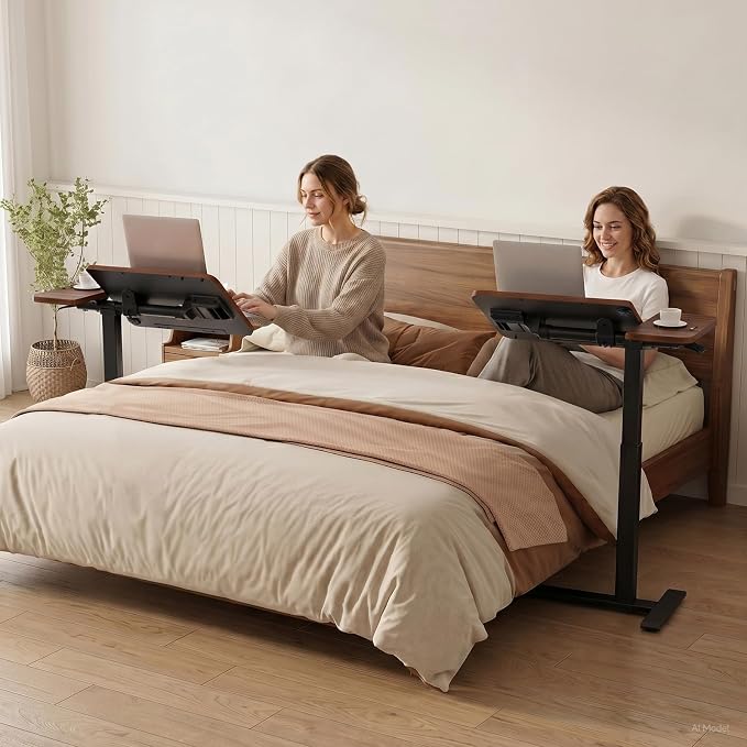 GTPLAYER Pneumatic Adjustable Standing Desk, 28 Inch Tiltable Mobile Rolling Laptop Table with Wheels, Overbed Bedside Table Computer Workstation for Home Office, Walnut - Image 5