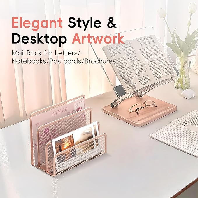Mail Organizer Countertop for Desk, Mail File Holder with 3-Slot, Rose Gold | Metal Mesh Mail Sorter for Letters, Envelopes, Bills, and Files for Home Offices, Classroom Organization - Image 4