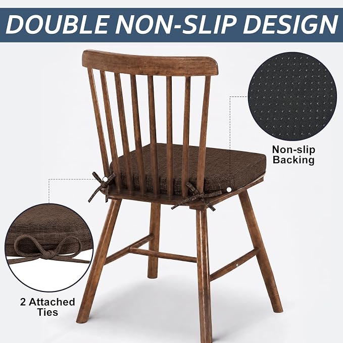 Basic Beyond Chair Cushions for Dining Chairs with Ties and Removable Cover, 2" Thick Seat Cushions for Kitchen Chairs, Set of 6, 17" x 16", Brown - Image 3
