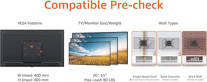 Amazon Basics Full Motion Articulating TV Wall Mount, with Swivel and Tilt, for 26" to 55" TVs and Flat Panels up to 80 Lbs, VESA Compatible, Single Stud, Black - Image 4
