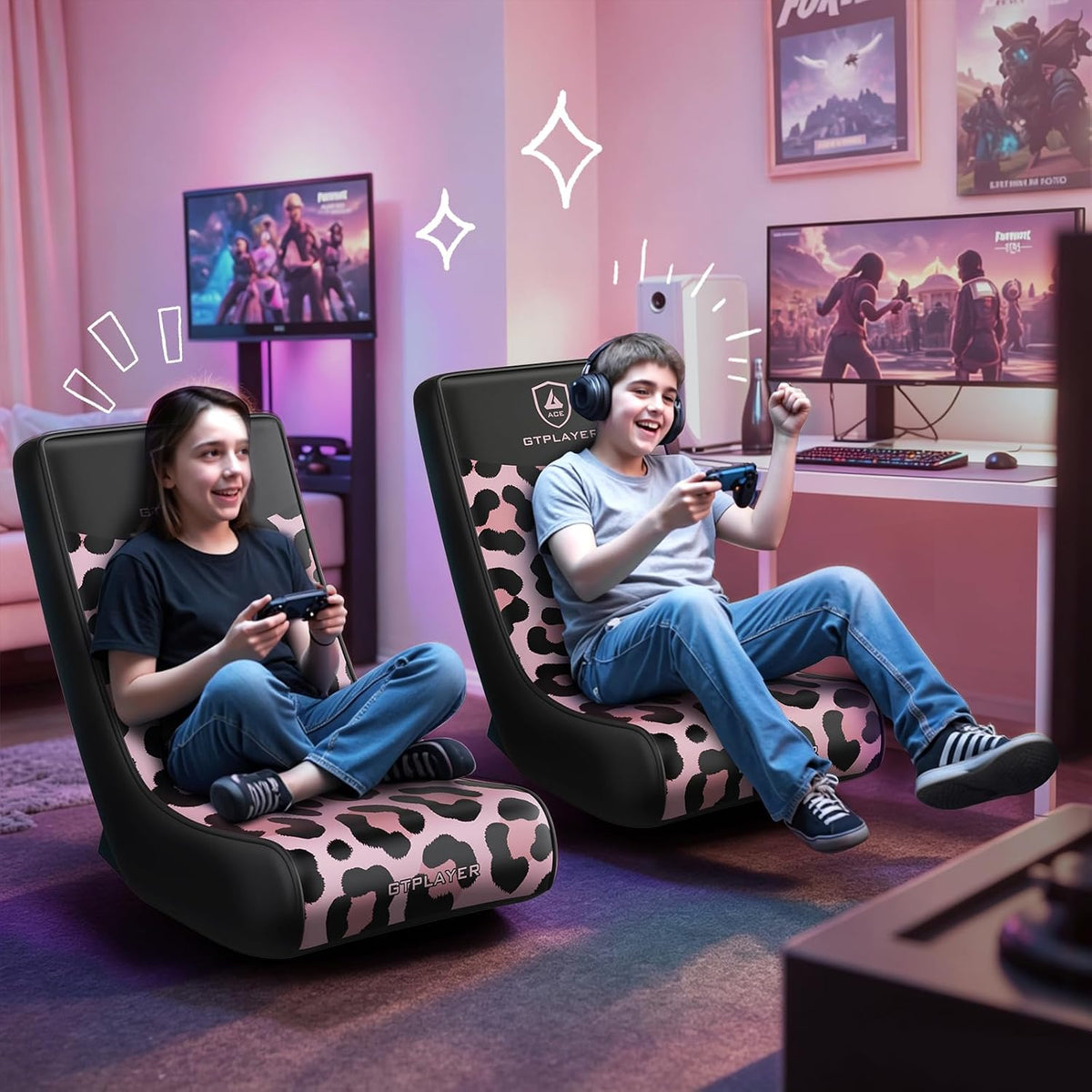 GTPLAYER Gaming Floor Rocking Chair – Rocker Floor Game Chair with Angle Limiter, Compact & Lightweight Game Seat, Pink Leopard Patterned - Image 4
