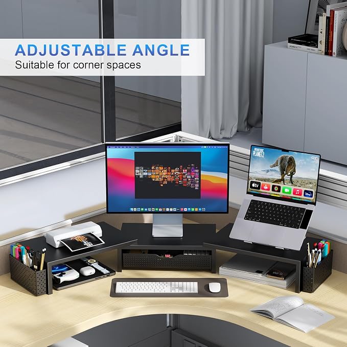 gianotter Dual Monitor Stand Riser With Drawer and 2 Pen Holders | Desk Organizer and Accessories Computer Monitor Stand, Desk Shelf for Top of Desk (Black) - Image 5
