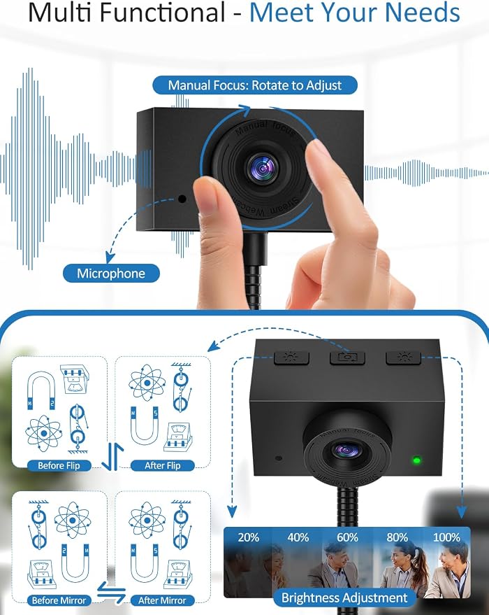 Webcam for PC, Streaming Camera, Web Camera for Desktop/Laptop Computer Webcam with Microphone, Plug and Play USB Web Cam with Bracket, Manual Focus, for Live Streaming, Video Calls - Image 2