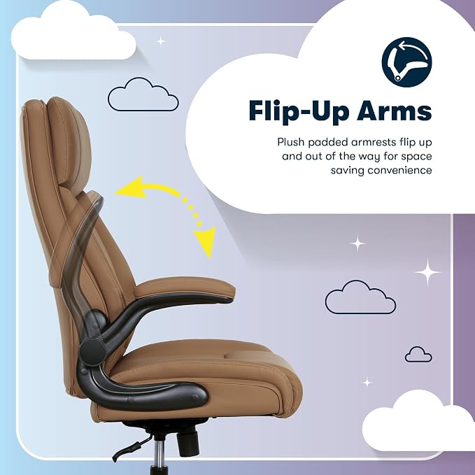 Serta Big and Tall Office Chair with Lumbar Support, Flip Arm Leather Chair | Torrington Ergonomic 400lb Capacity Office Chair, Back Support, Adjustable Height & Reclining, Home Office Gaming Chair, Tan - Image 6