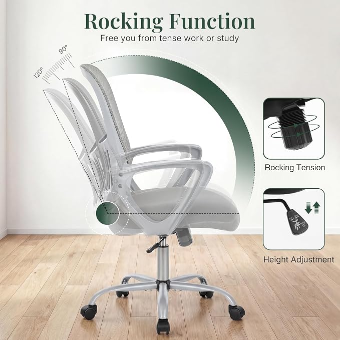 Home Office Desk Chair, Lumbar Support, Mesh Back Computer Chair | Height Adjustable, Mesh Mid-Back, Ergonomic Task Gaming Chair with 360° Swivel Wheels, Lumbar Support, Grey - Image 5