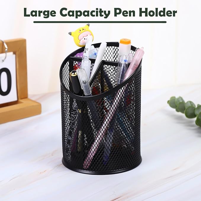 MINDEPOT 2 Pack Pencil Holder Pen Cup for Desk Round Pen Organizer | Mesh Black Pen Holder, Duty Metal, 3 Compartments, Desk Organizer for Home School - Image 5