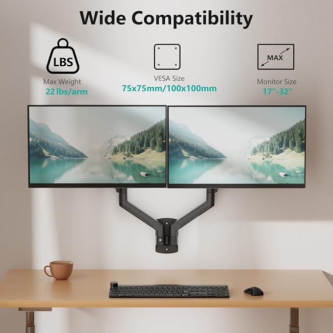 WALI Dual Monitor Wall Mount for 17-32 inch Screens, up to 22 lbs per Arm | Wall Mount Monitor Arms for 2 Monitors, Full Motion with Height Adjustment, Tilt, Swivel, Rotation, VESA 75/100mm (GSWM002) - Image 2