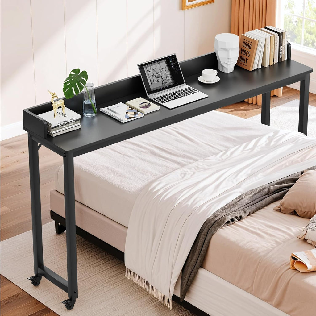 Overbed Table with 360° Wheels, Queen Size Mobile Bed Desk, Black - Image 6