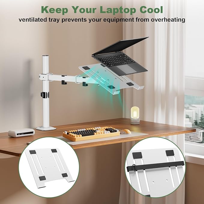 UPGRAVITY White Laptop Desk Mount with Vented Tray for Notebook up to 17 inch, Fully Adjustable Single Laptop Arm Stand Holds up to 17.6 lbs, Clamp on/Grommet Mounting | Fully Adjustable Single Laptop Arm Stand Holds up to 17.6 lbs, Clamp on/Grommet Mo... - Image 6