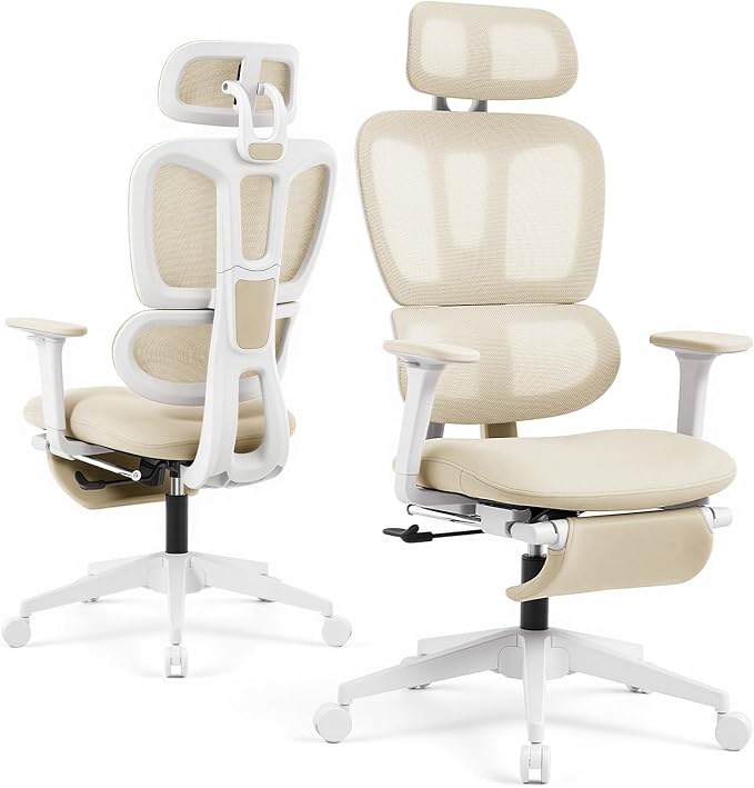 Ergonomic Office Chair with Footrest and Dynamic Lumbar Support, Cream | Reclining high-back computer chair, memory foam seat, 2D armrests, 2D headrest, mesh desk chair for home office, long hours by GleeMatrix