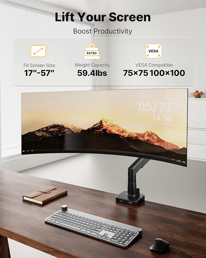 monTEK USB Monitor Arm for 17-57" Ultrawide, 59.4 lbs, Black | USB-A/C ports, pneumatic lift, quick-release VESA 75/100 plate, clamp/grommet bases and cable management - Image 3