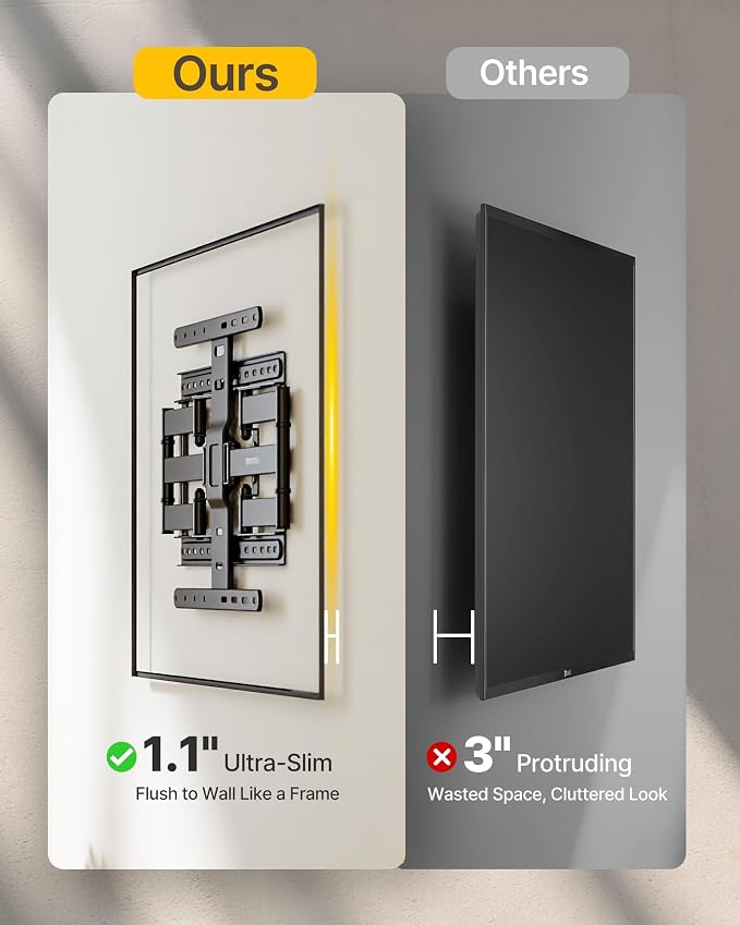 monTEK 1.1-Inch Ultra Slim Full Motion TV Wall Mount for 37-75 Inch TVs | Low-profile mount holds 132 lb, 16.5 in reach, +/-60° swivel; 4X load tested, preassembled, VESA 400x400mm, 16/18 in studs - Image 3