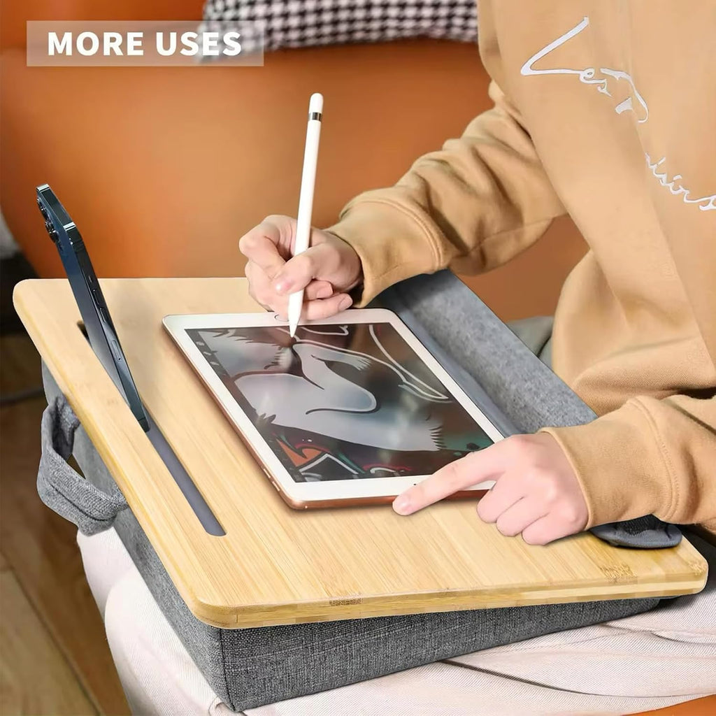 Bamboo Lap Desk for Laptop with Cushion Tablet Phone Holder Handle - Image 5