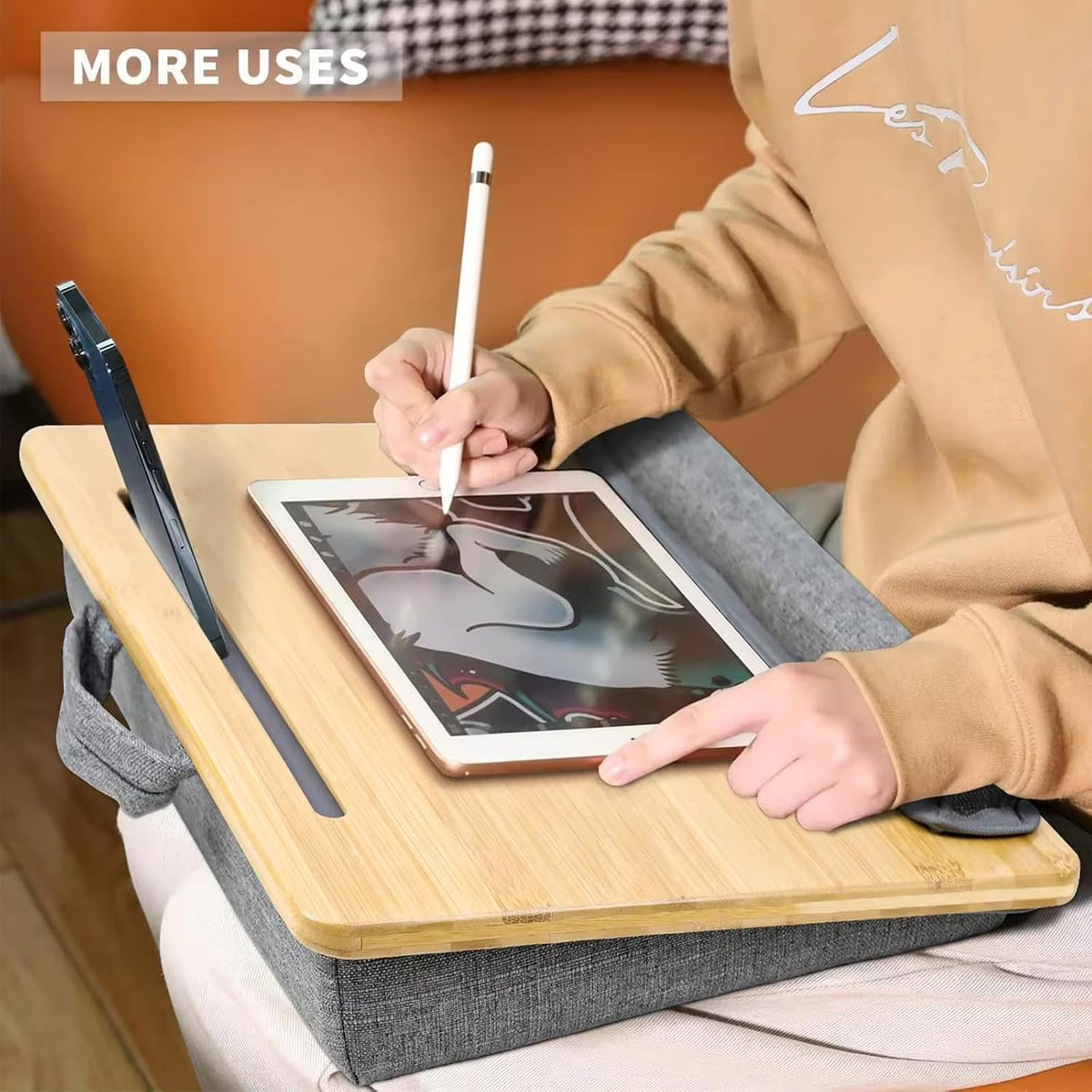 Bamboo Lap Desk for Laptop with Cushion Tablet Phone Holder Handle - Image 5