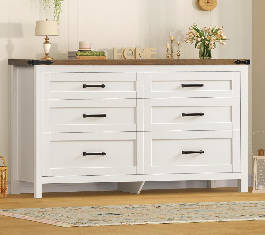 47.2" Dresser for Bedroom, White 6 Drawer Dresser with Metal Handles, Wood Dressers & Chests of Drawers for Closet, Farmhouse Dressers for Bedroom, Entryway, White by TEENFON
