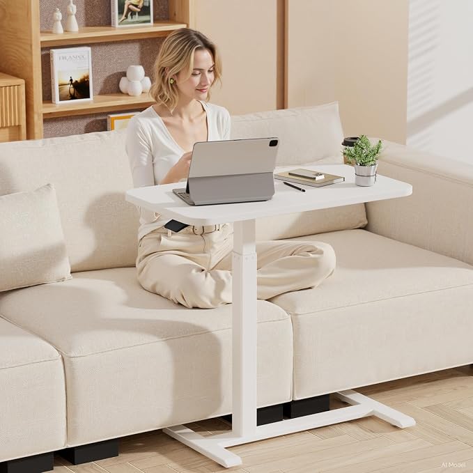 GTPLAYER Small Standing Desk with Hidden Wheels, Pneumatic Mobile Rolling Laptop Desk, Adjustable Height Overbed Bedside Table Computer Workstation for Home Office (32" W x 16" D, White) - Image 2