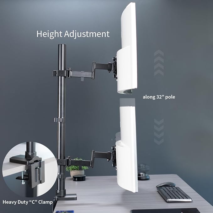 VIVO Dual Vertically Stacked Ultra-Wide Monitor Desk Mount with Extension Arms, Extra Tall Heavy Duty Adjustable Stand for 2 Ultrawide Screens up to 43 inches, 50 lbs Capacity, Black, STAND-V202T - Image 4