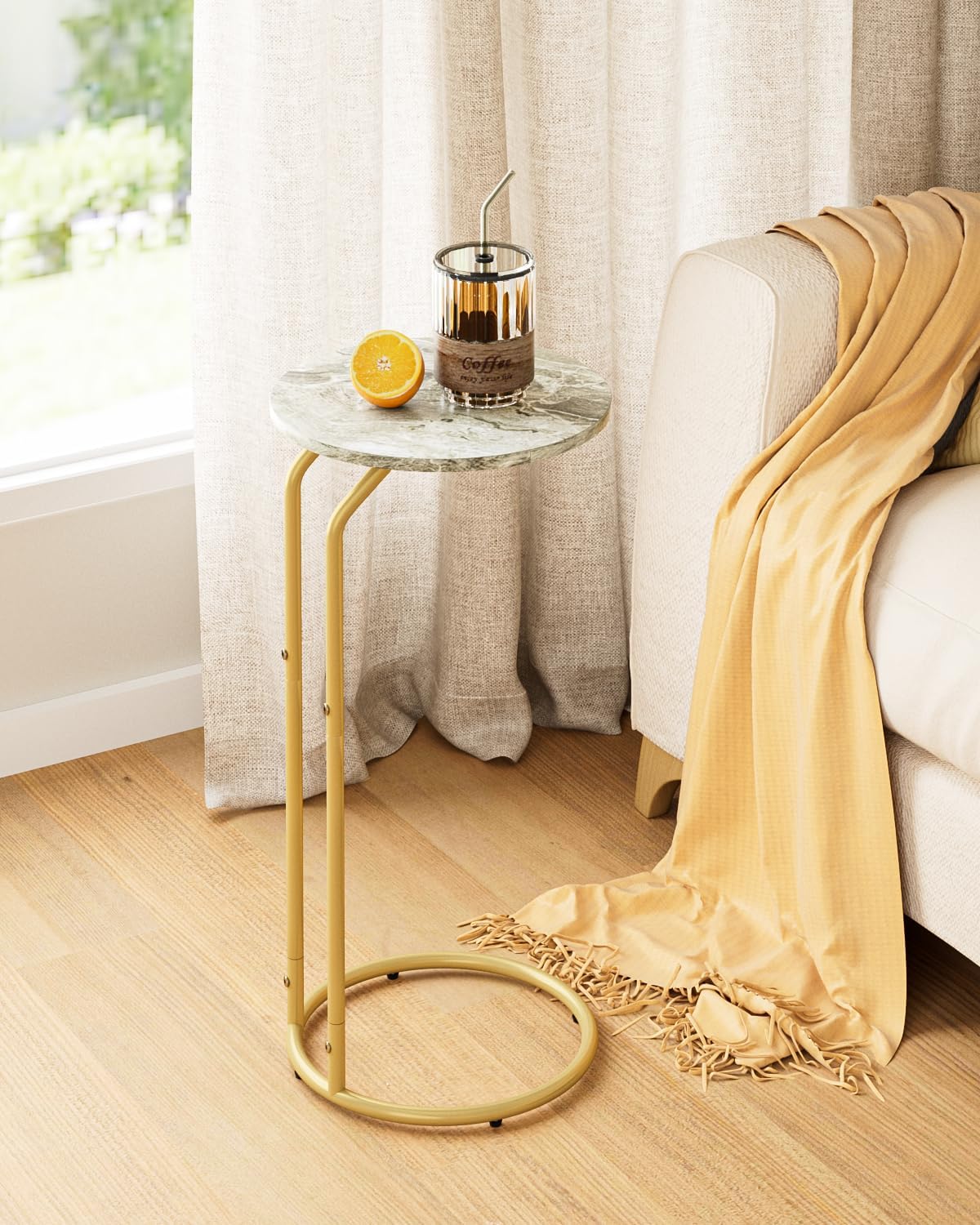 C-Shaped End Table Set of 2, Side Table for Couch, Marble and Gold - Image 5