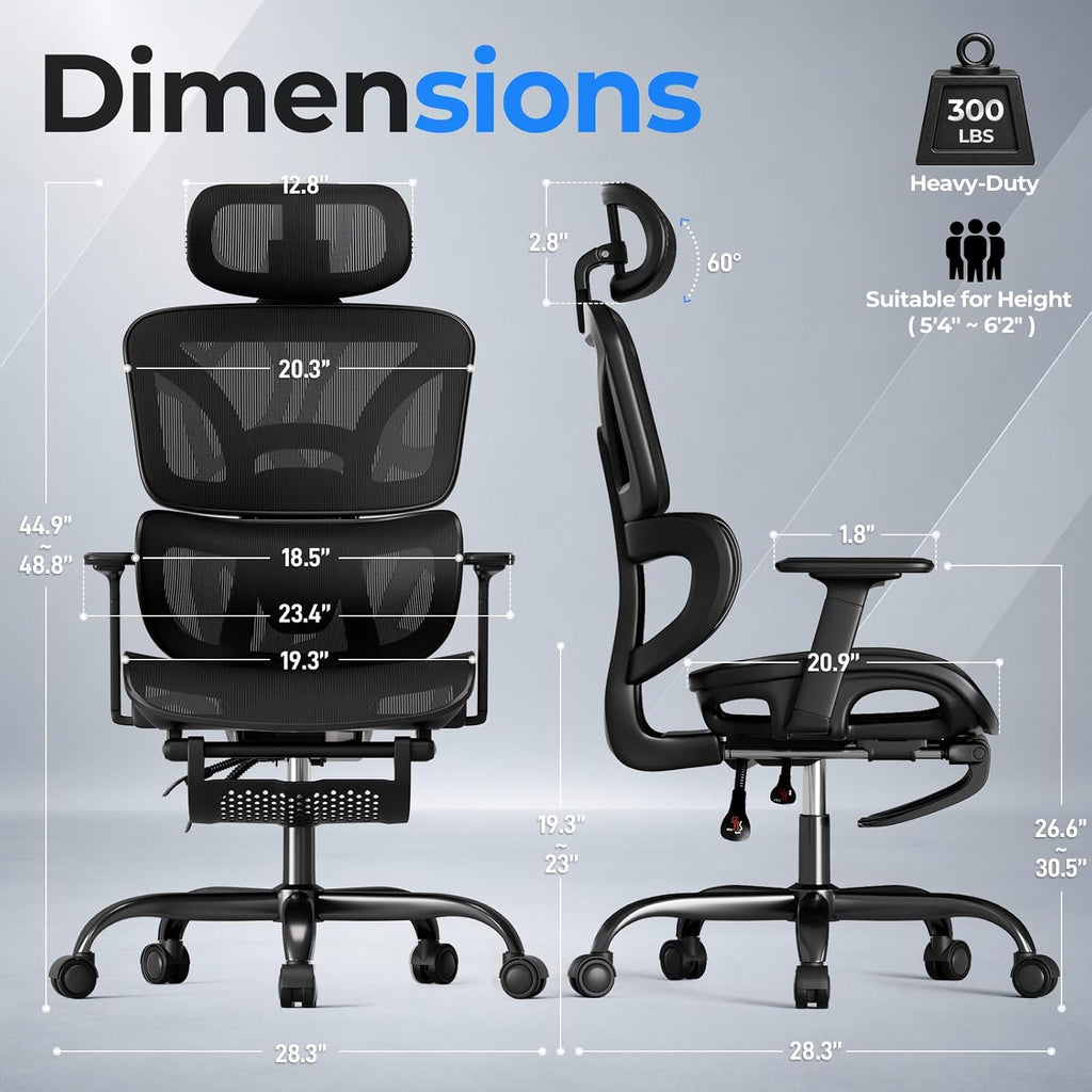HLDIRECT Ergonomic Office Chair with Footrest, 135° Recline&Lumbar Support - Image 2