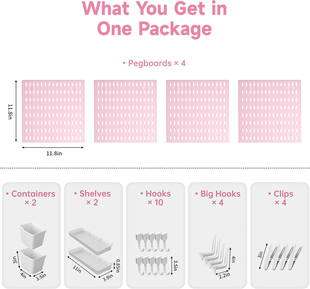4 Pack Pink Pegboard Panels Kit Wall Organizer and 22 Accessories - Image 3