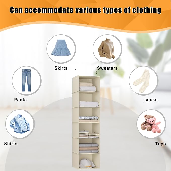 Hanging Closet Organizer 6-Shelf, Oxford Fabric Wardrobe Storage, Beige | Easy-mount foldable design holds clothes, handbags, shoes & accessories; washable Oxford fabric, sturdy and space-saving. - Image 8